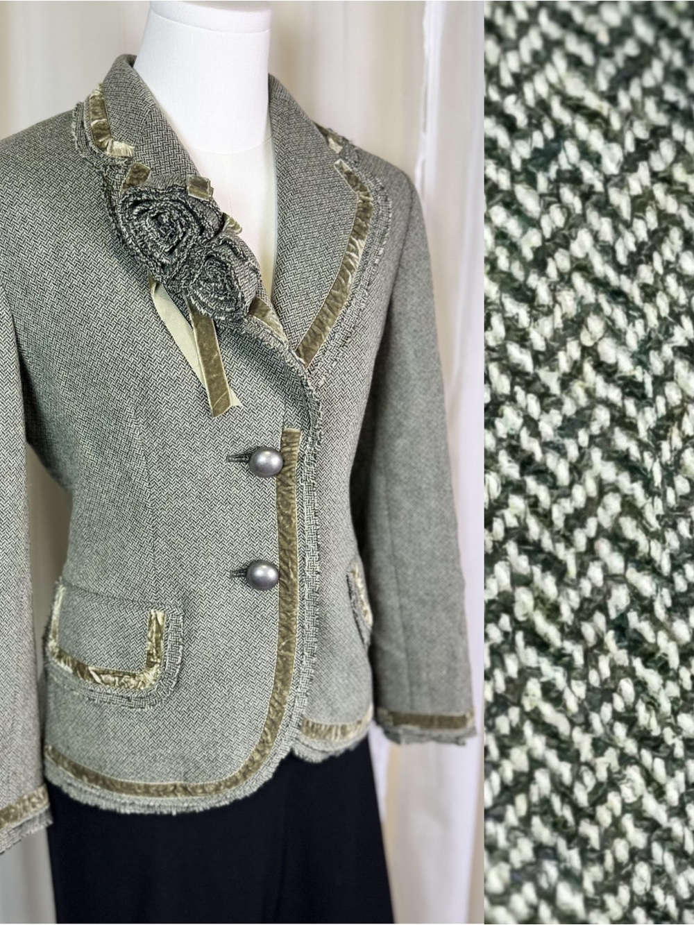 Banana Republic Wool Blazer w/ Velvet Trim + Floral Brooch tweed size 4